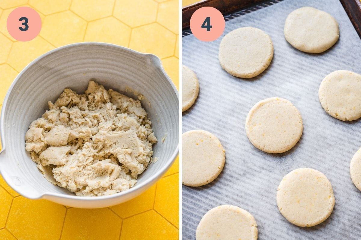 On the left: wet and dry ingredients stirred together. On the right: moving cookies to a cookie tray.