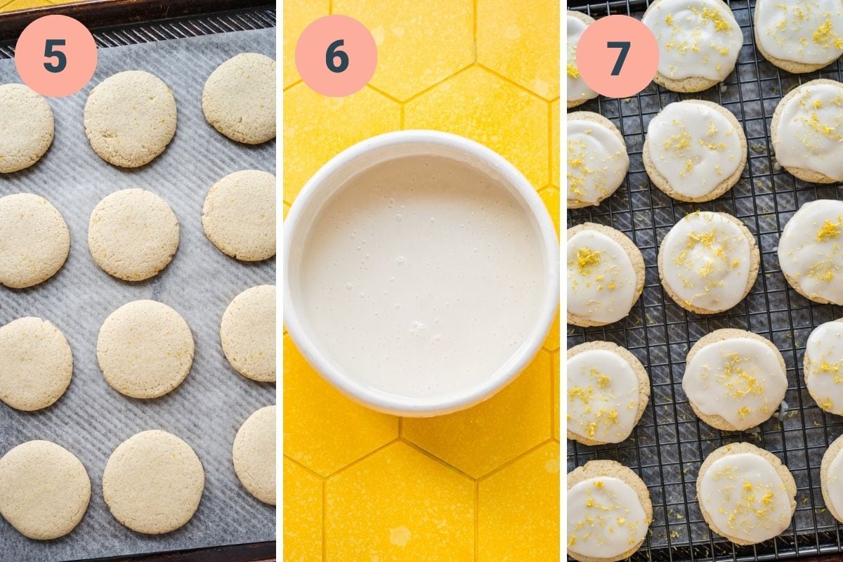 On the left: cookies after baking. In the middle: glaze after mixing. On the right: finished cookies.