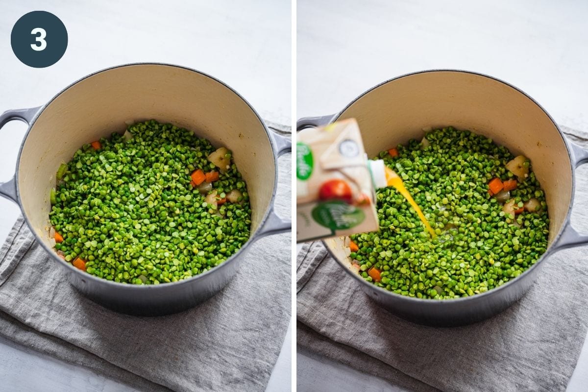 On the left: split peas added to the pot. On the right: adding vegetable broth to the pot.