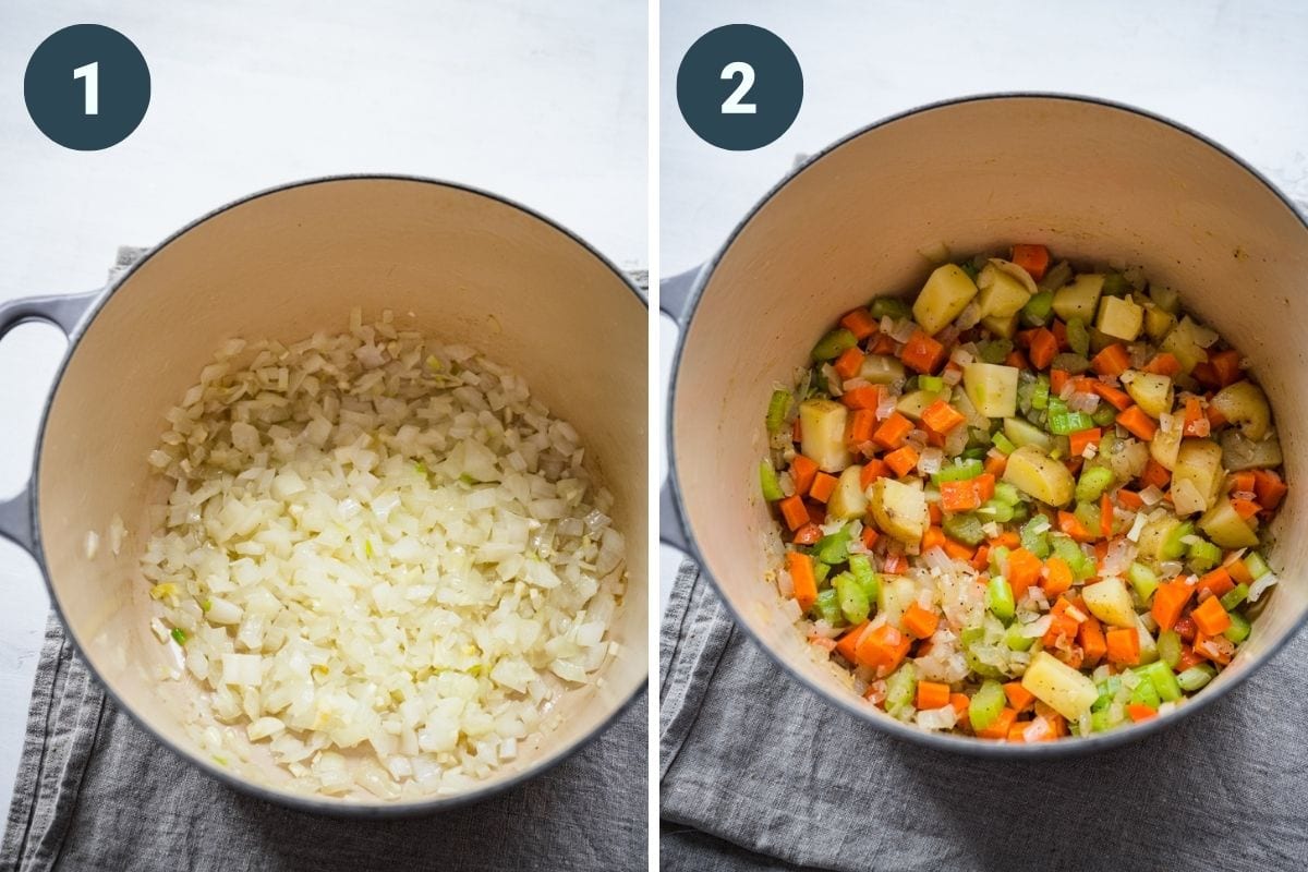 On the left: onions cooking in a pot. On the right: celery, carrots, and potatoes added in.
