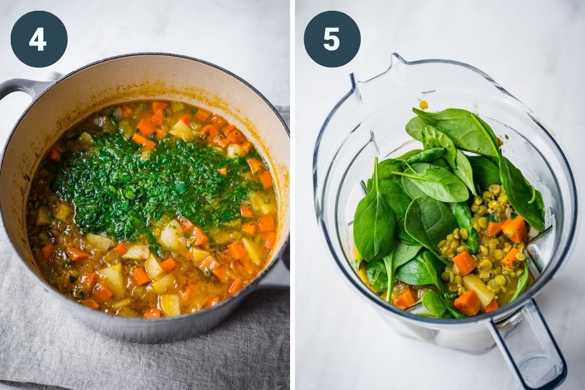 On the left: adding herbs to soup. On the right: adding in spinach to blend.