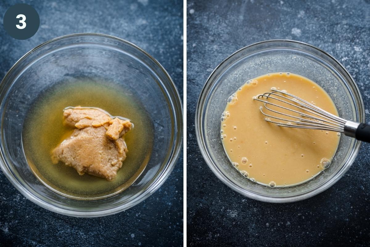 before and after whisking together miso paste and broth in small bowl. 