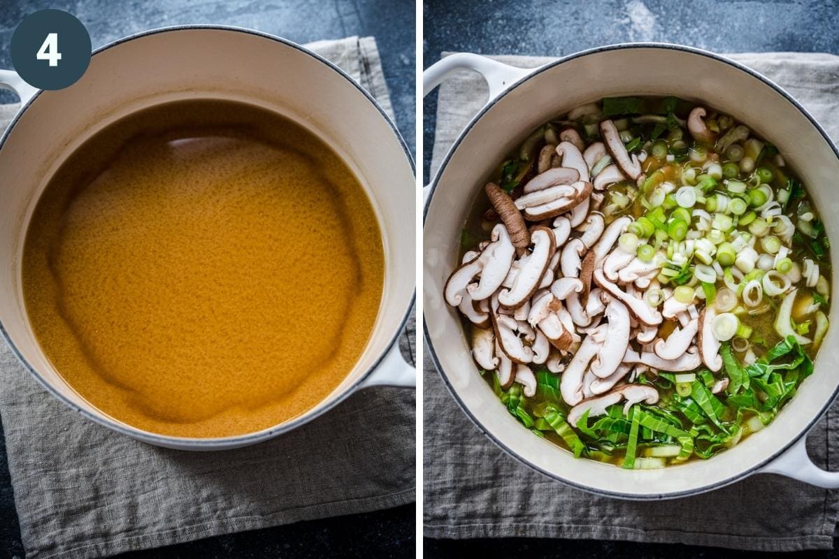 before and after adding mushrooms, boy choy and scallions to miso broth in large pot. 