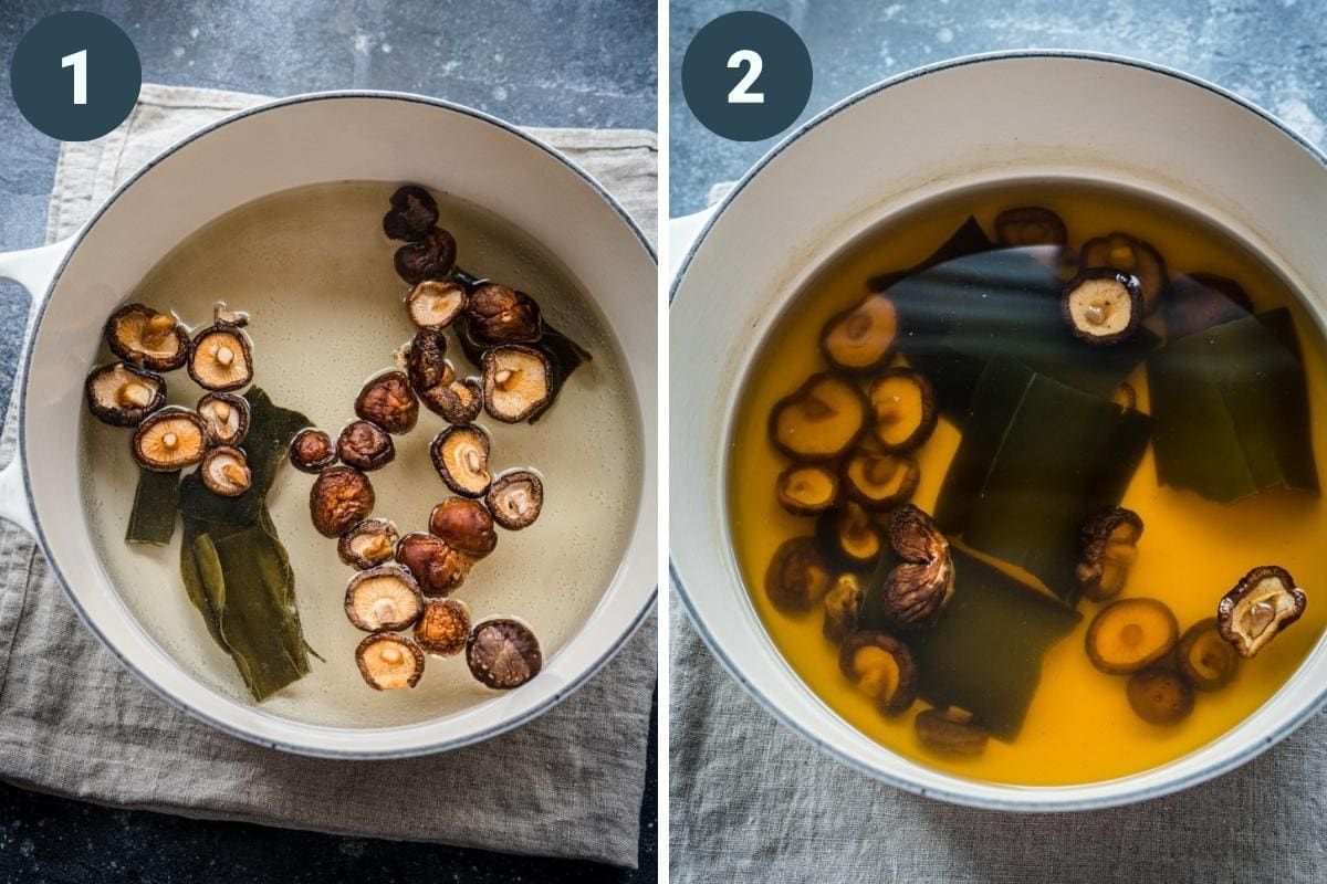 Before and after homemade vegan dashi is cooked in pot. 