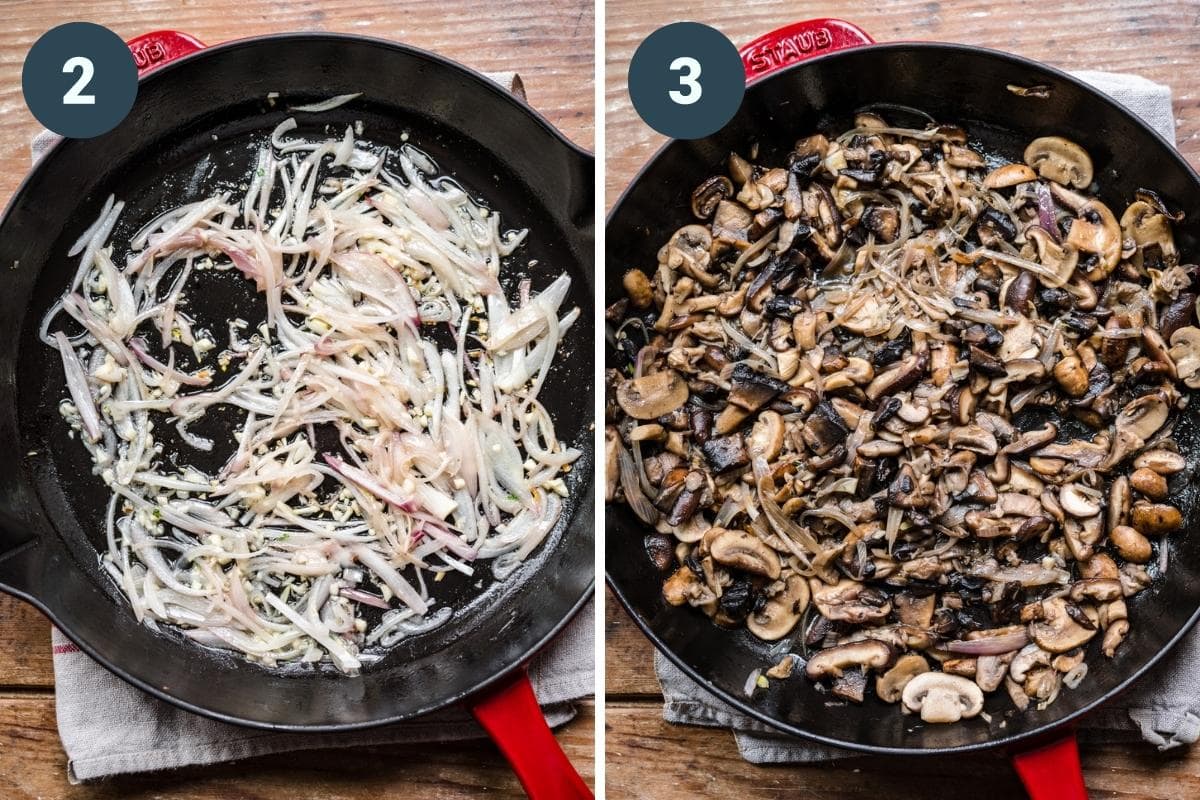 before and after adding mushrooms to sautéed shallots and garlic in large skillet. 