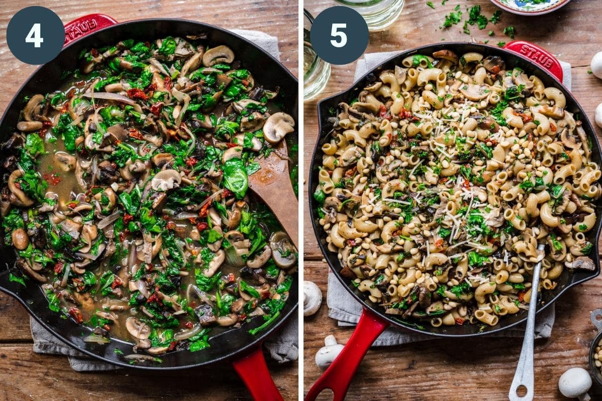 before and after adding pasta to mushroom and vegetable mix in large skillet. 