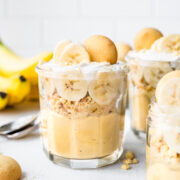 Front view of banana pudding in a jar.