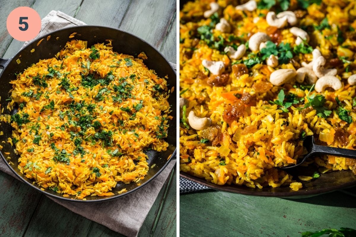 On the left: adding cilantro. On the right: adding cashews and golden raisins.