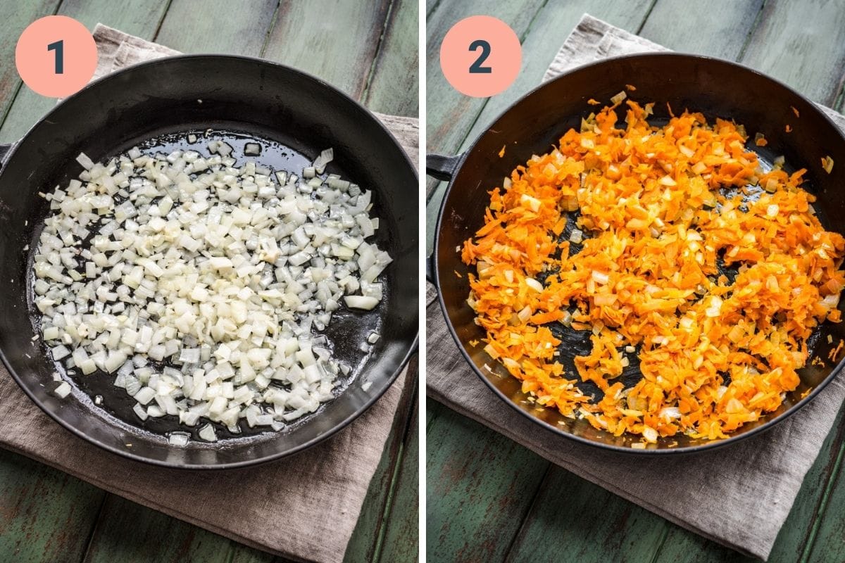 On the left: onions cooking in a pan. On the right: grated carrot after being added to the pan.