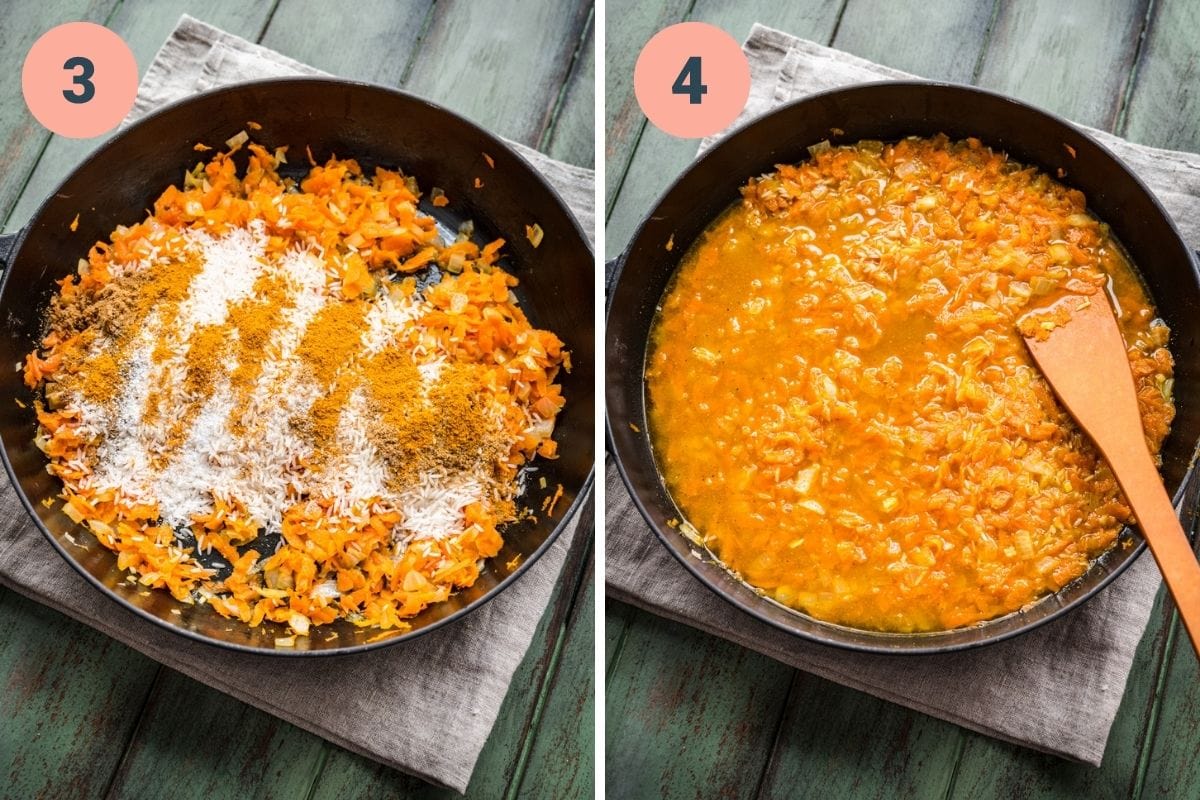 On the left: spices added to carrots. On the right: broth added to carrots.