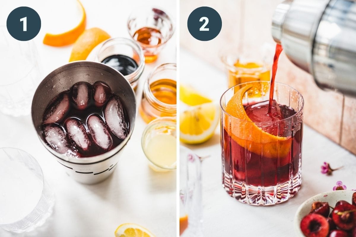 On the left: old fashioned ingredients added to a cocktail shaker. On the right: cocktail being poured out.