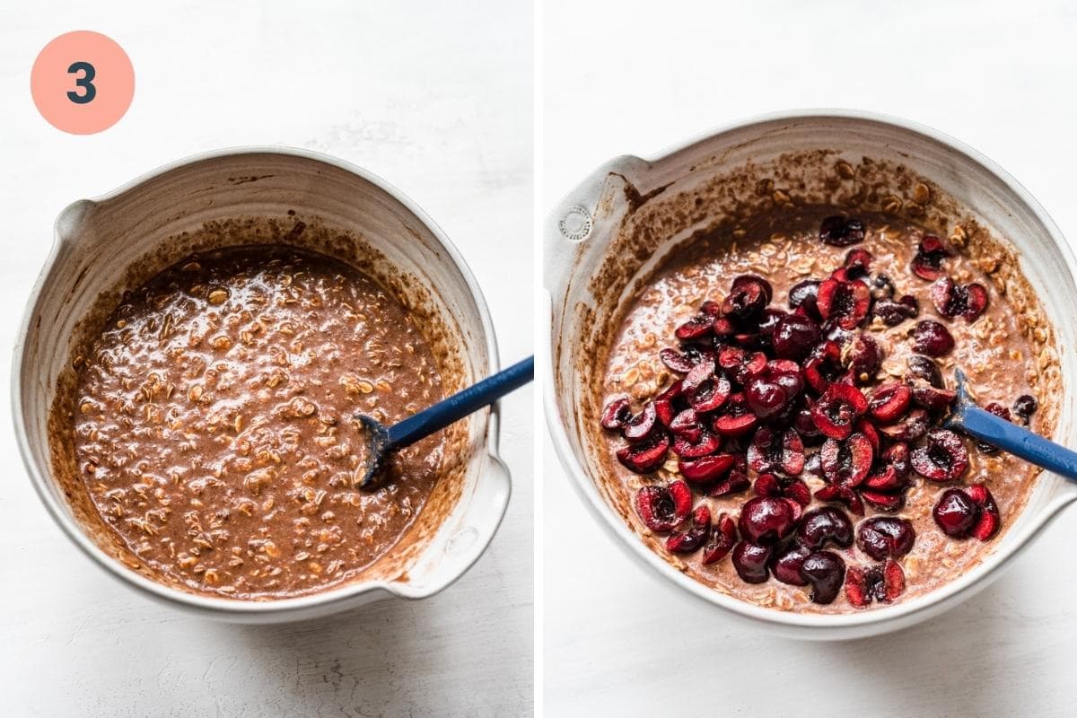 On the left: wet ingredients and dry ingredients after being stirred together. On the right: cherries added to mixture.