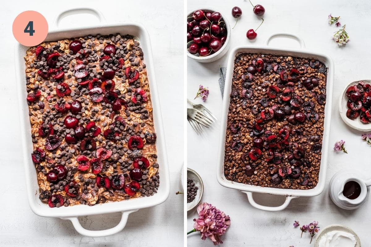 On the left: baked oats before baking. On the right: baked oats after baking.