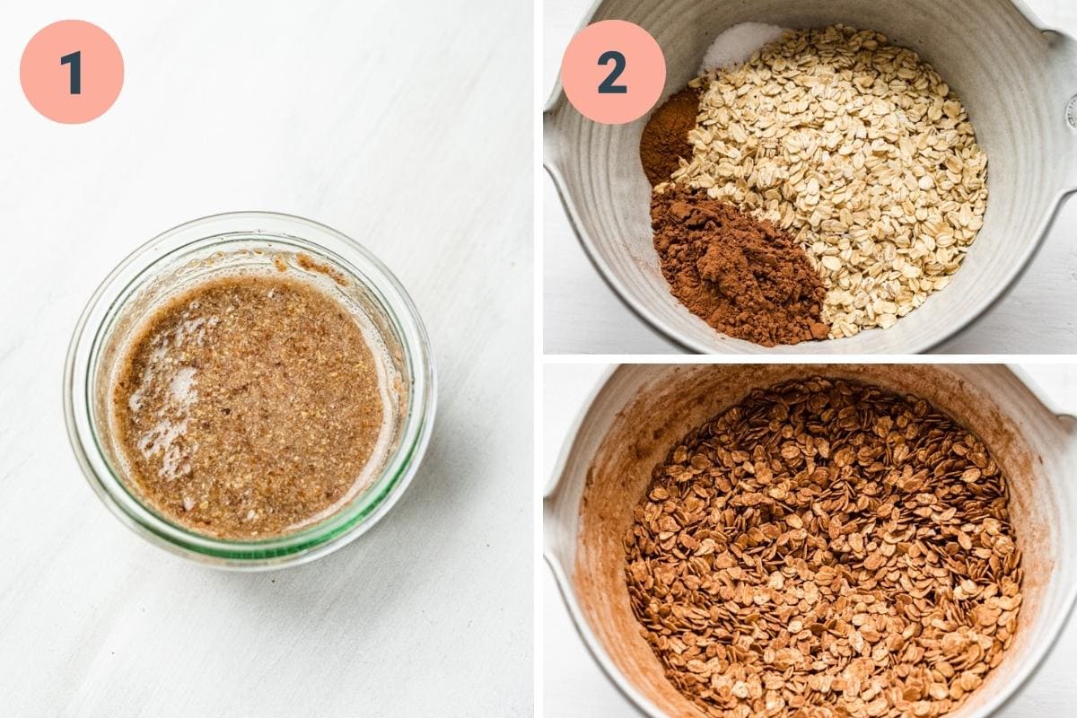 On the left: flax meal after being stirred together with water. On the right: dry ingredients before and after being stirred together.