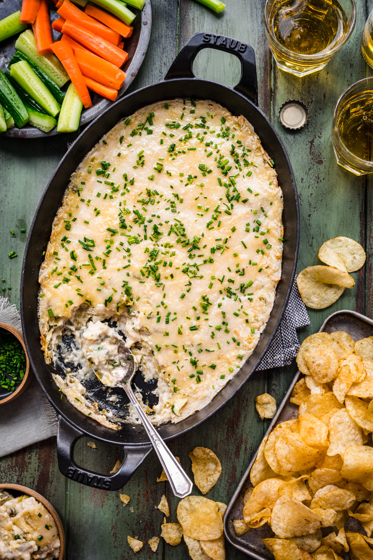 Overhead view of jalapeño artichoke dip in a pan.