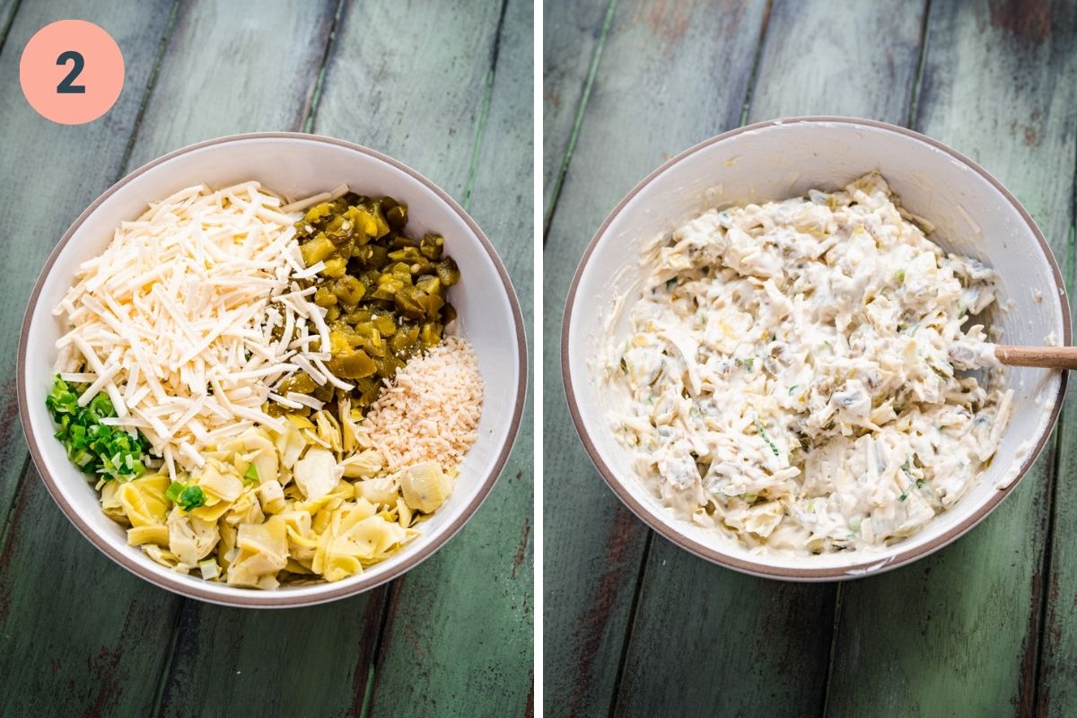 On the left: artichokes and jalapenos added to mix. On the right: after stirring everything together.