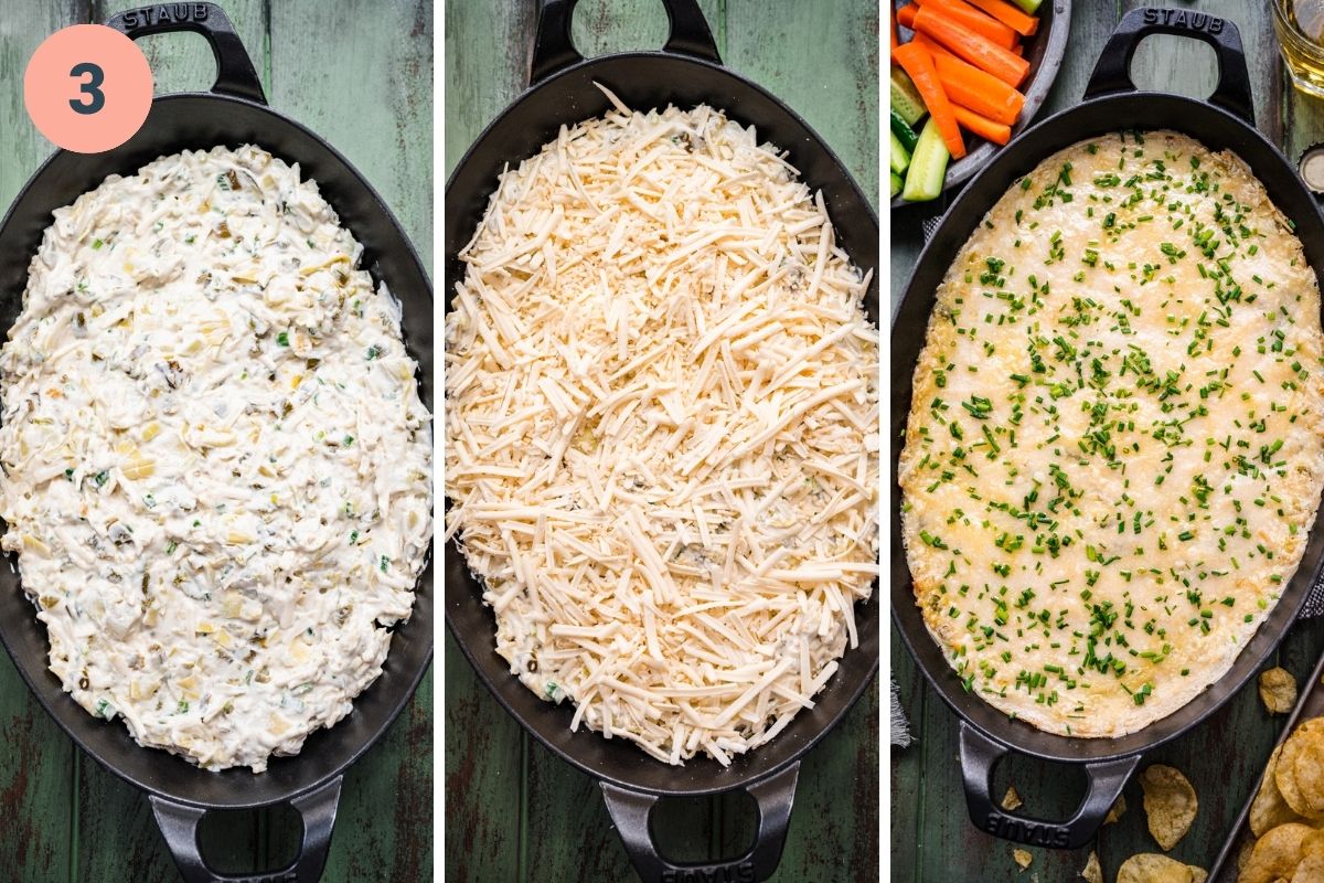 Adding filling to pan, topping with cheese, then melting in the oven.