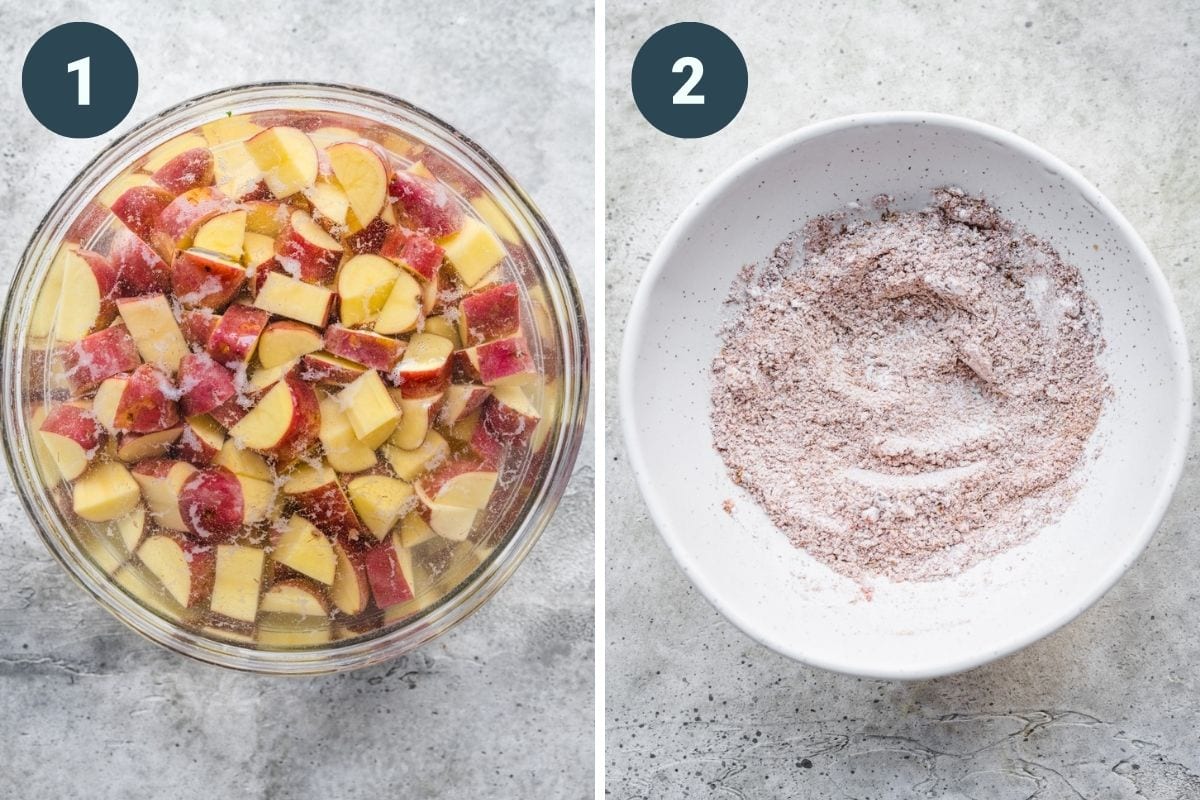 On the left: soaking red potatoes in water. On the right: stirring spices and cornstarch coating together.