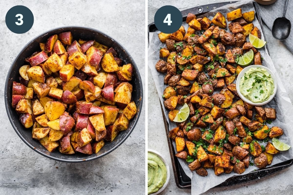 On the left: stirring potatoes with coating. On the right: potatoes after baking.