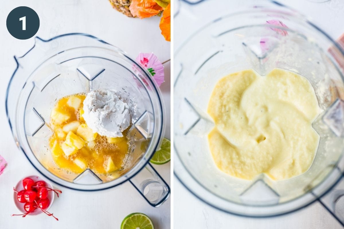 Overhead view of piña colada mocktail ingredients being blended together.