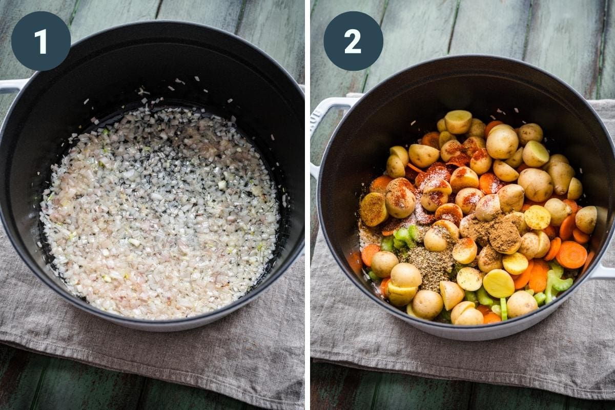 on the left: sautéed onion and garlic in pot. on the right: adding in celery, carrot, potatoes and spices to pot. 