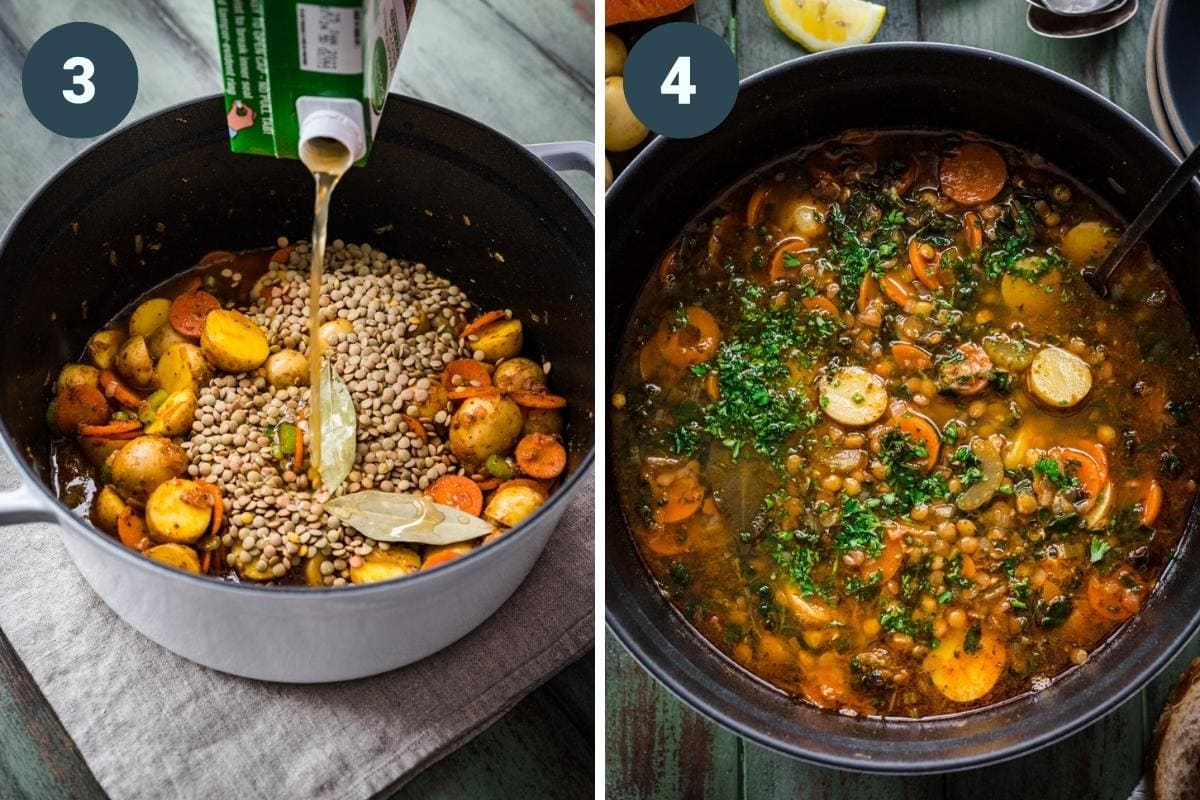 on the left: pouring broth into potato lentil soup. On the right: finished soup in pot. 