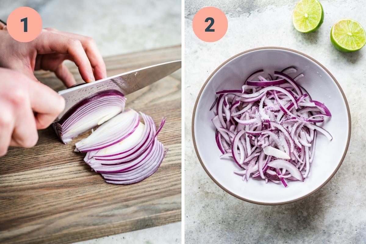 on the left: slicing red onion into thin strips. on the right: red onion in a bowl with lime juice, salt and sugar. 
