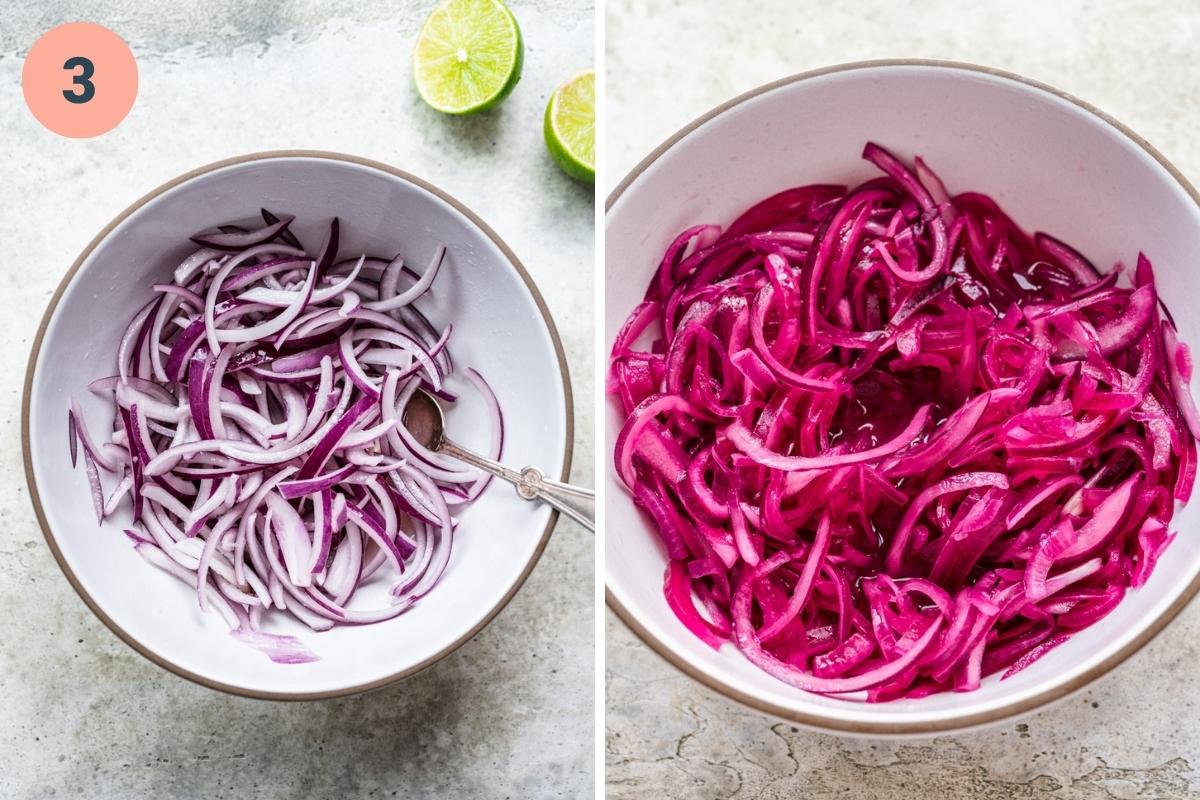 Lime juice pickled red onions before and after marinating in a mixing bowl.