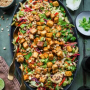 Overhead view of thai salad in a large bowl.