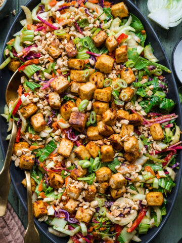 Overhead view of thai salad in a large bowl.