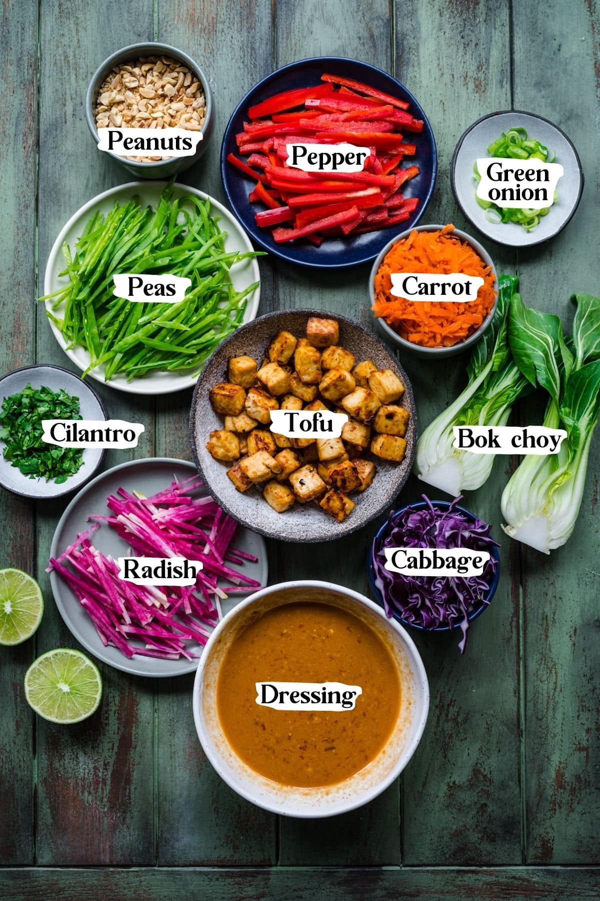 Overhead view of thai salad ingredients, including carrots, peas, peppers, tofu, and green onions.