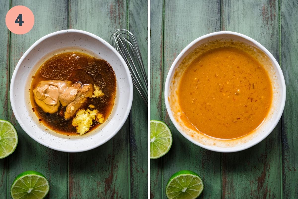 Miso peanut dressing before and after whisking together. 