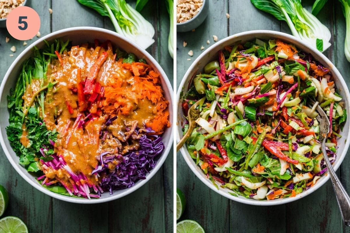 Before and after tossing thai salad ingredients together. 