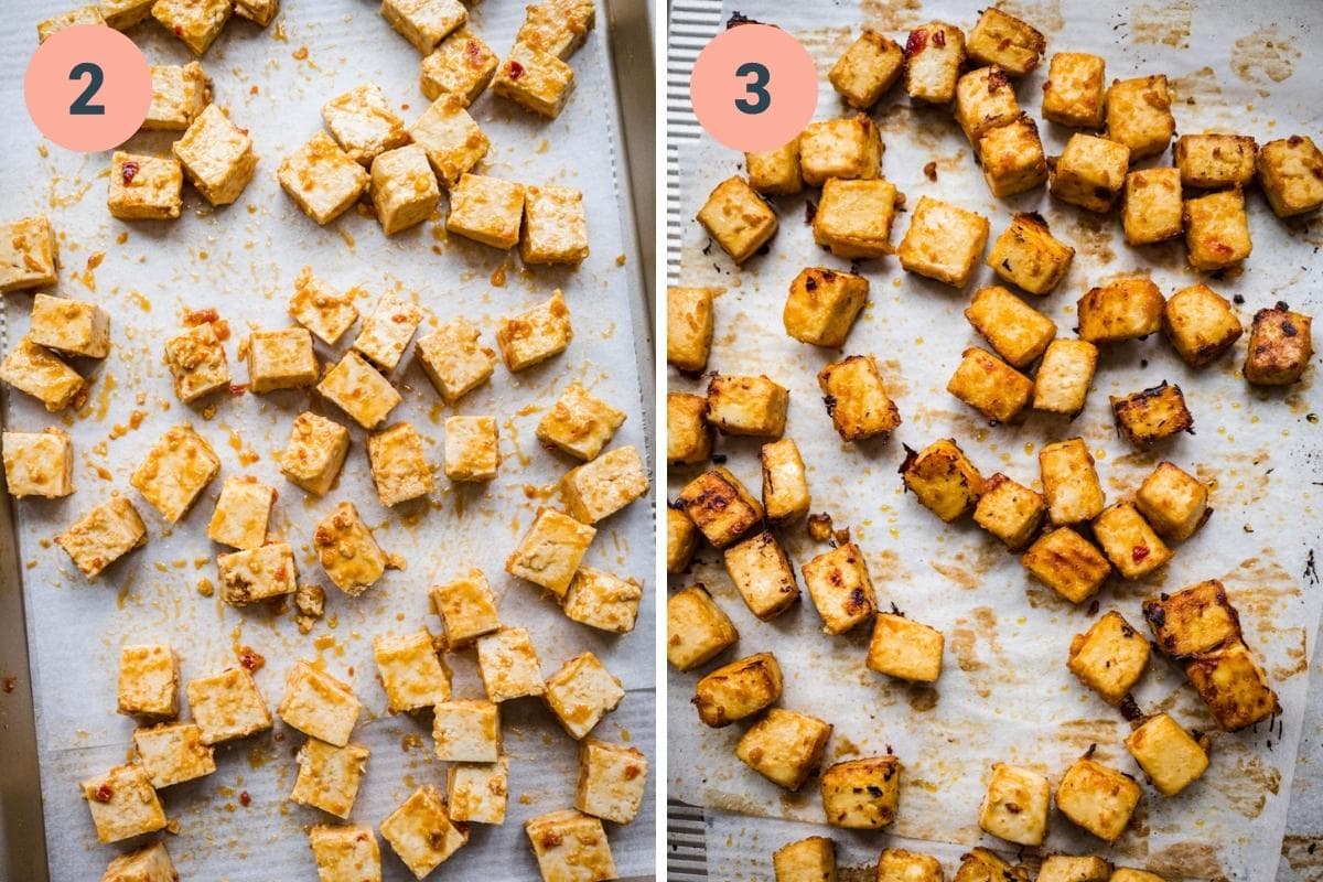 Miso tofu before and after baking on parchment paper. 