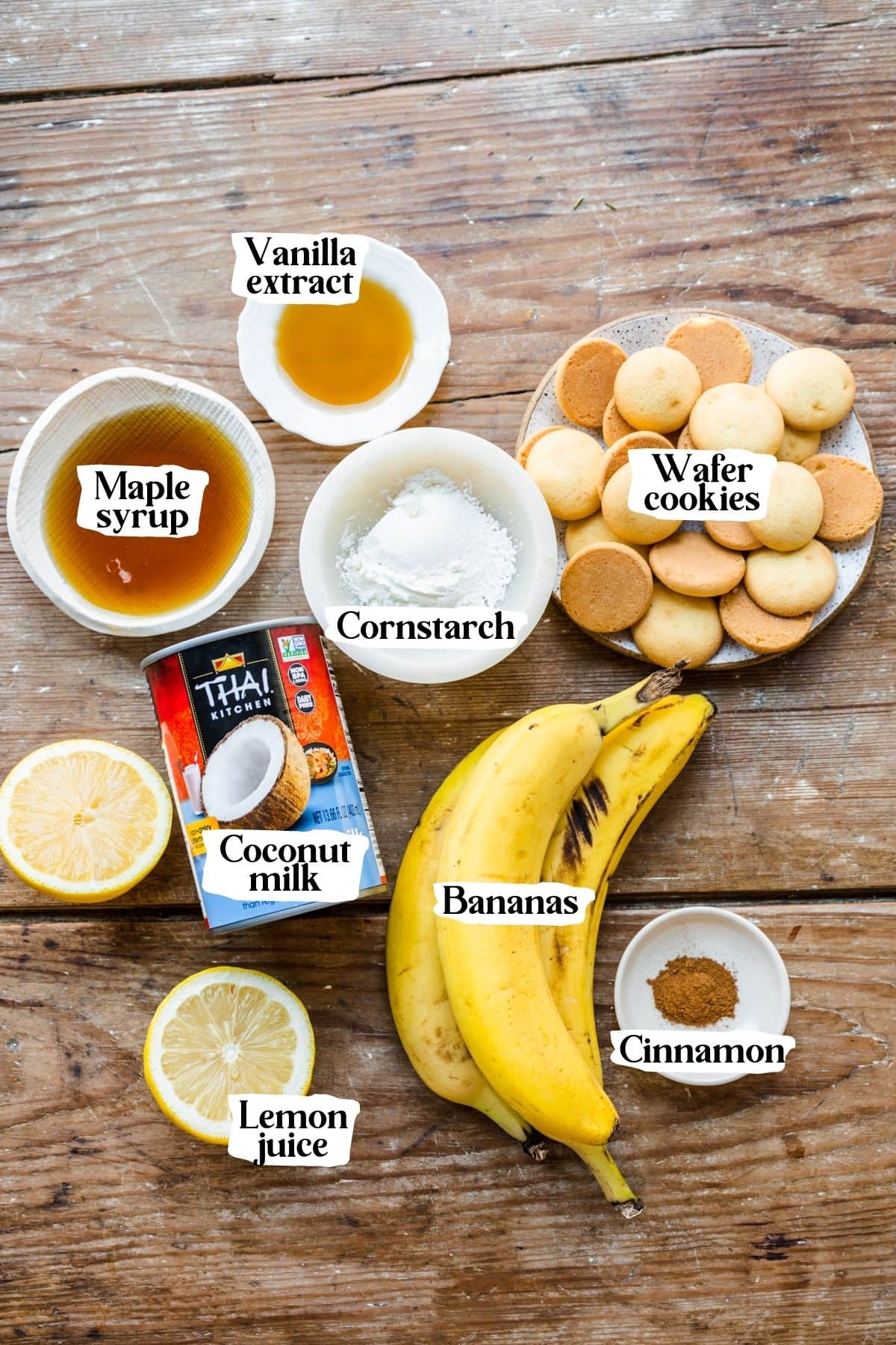 Overhead view of vegan banana pudding ingredients, including wager bananas, coconut milk, cornstarch, and maple syrup.