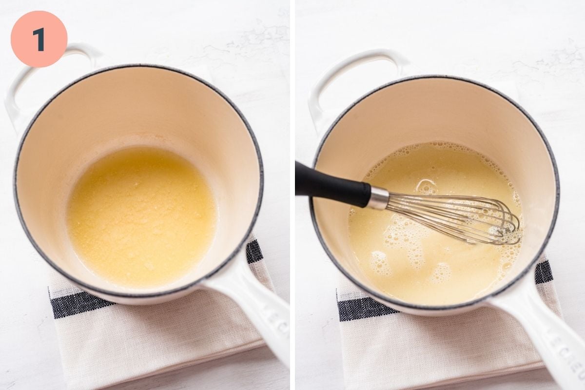 Overhead view of butter melting in a sauce pan and then whisking in nondairy milk.