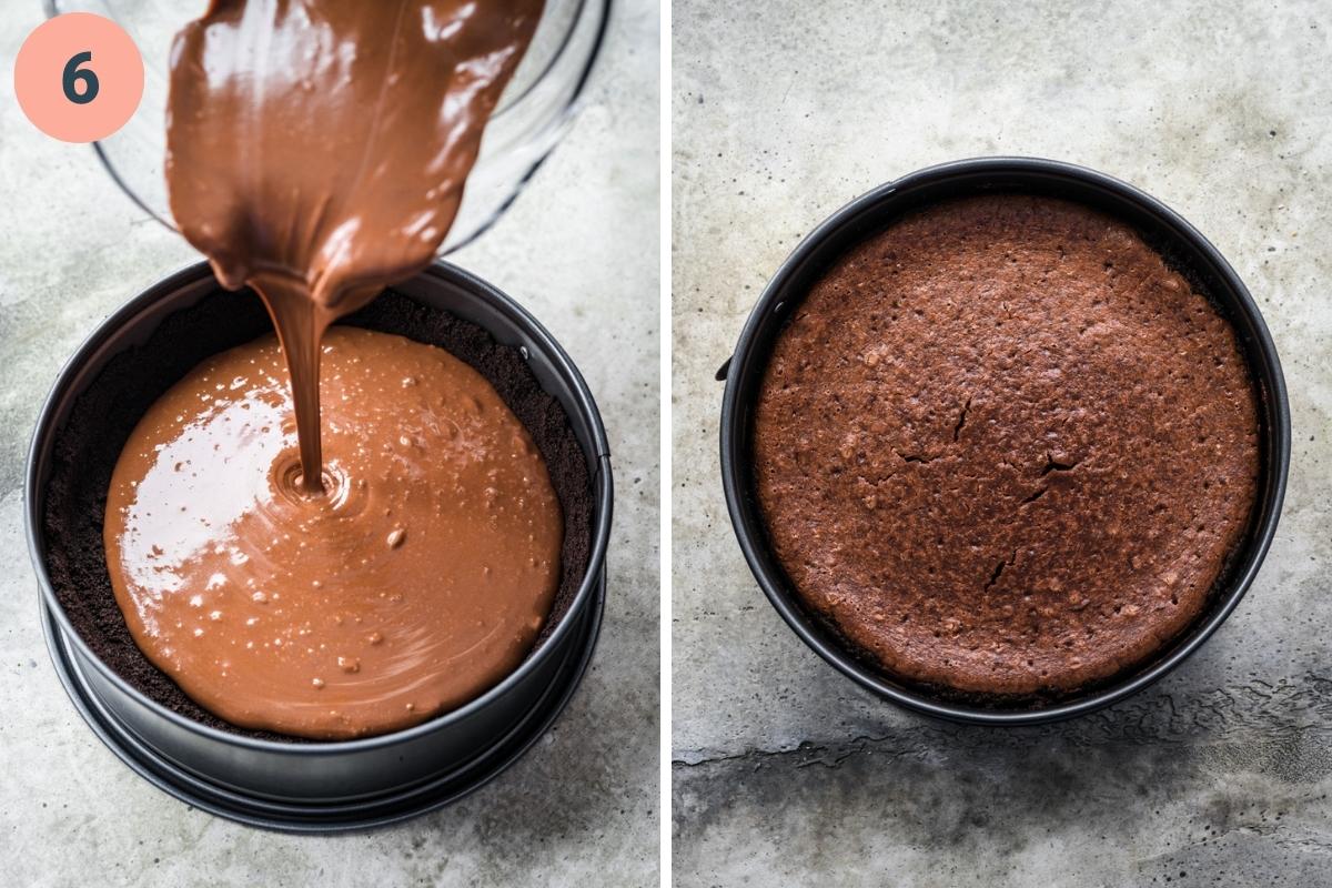 on the left: pouring cheesecake filling into crust. on the right: overhead of the cheesecake after baking.