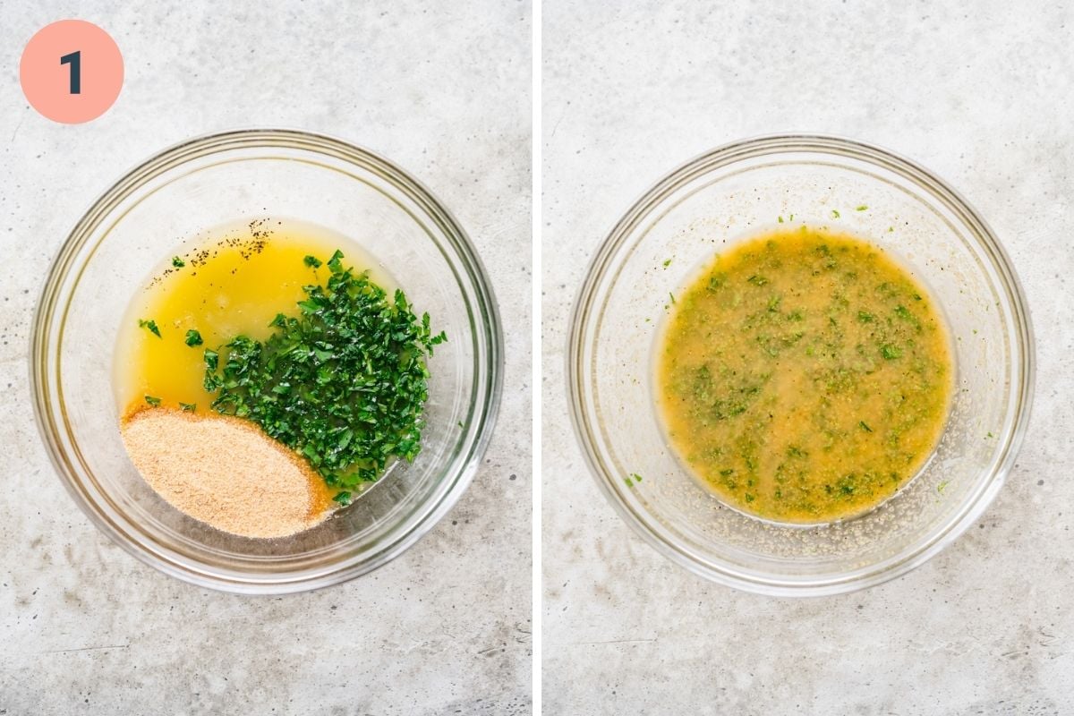 On the left: parsley, butter, and garlic powder in a bowl. On the right: butter after ingredients are stirred together.