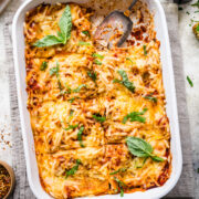 Overhead view of vegan lasagna in a tray.