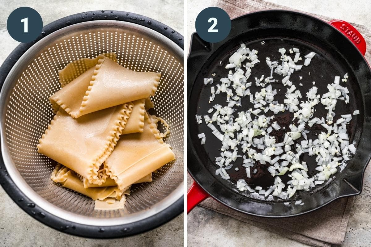 on the left: lasagna noodles in colander. On the right: sautéed onion and garlic in skillet. 