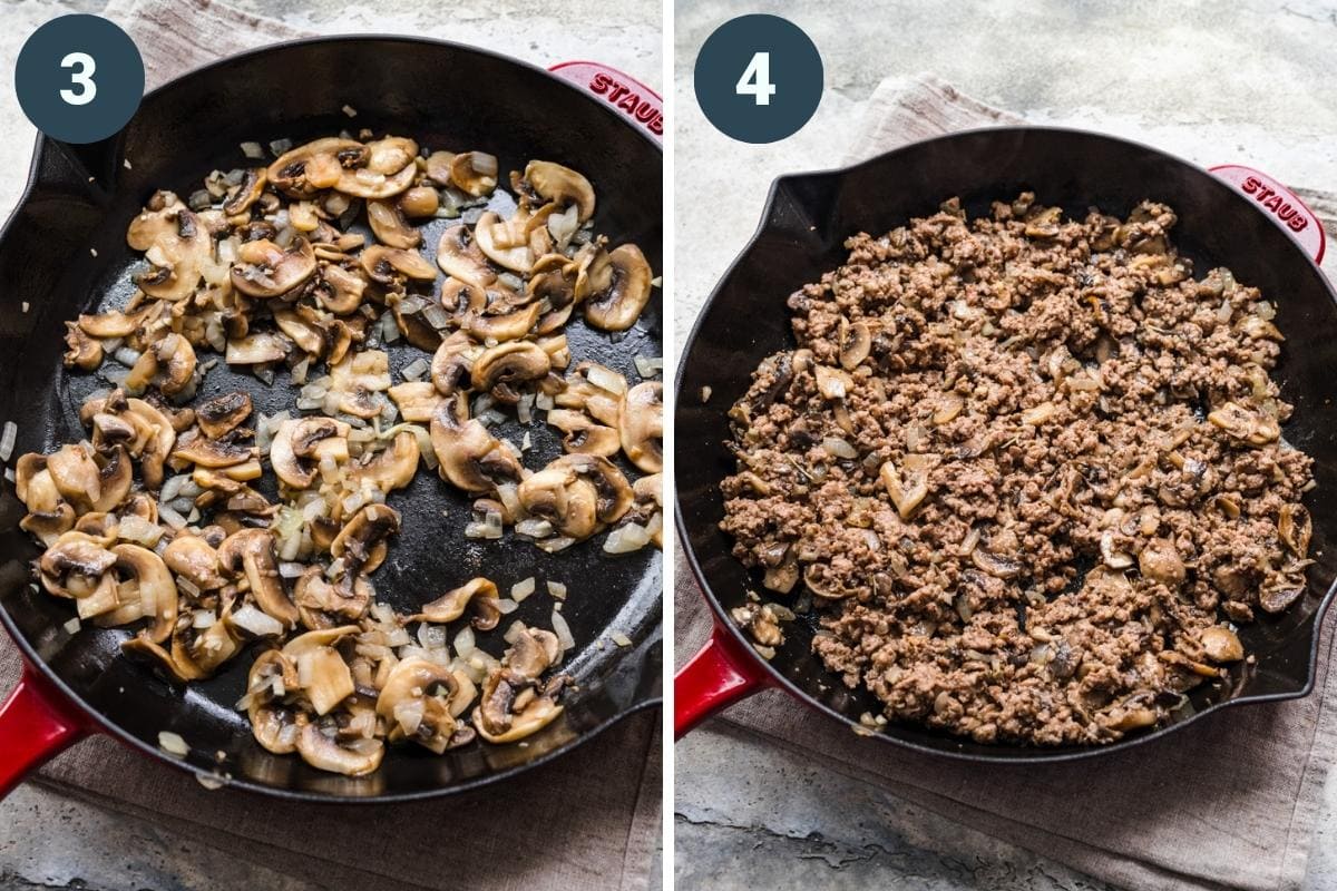 sautéed mushroom and plant-based ground beef in skillet.