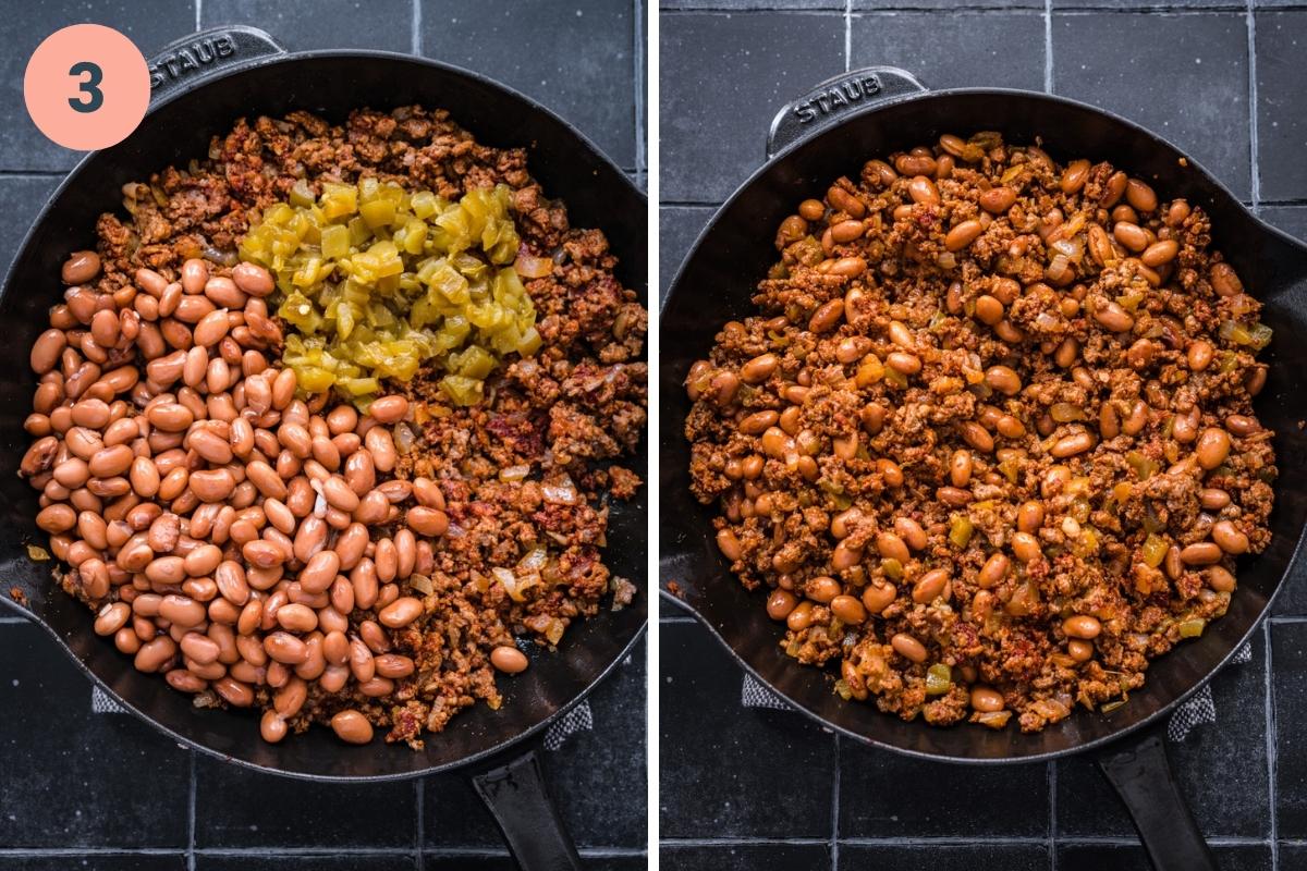 before stirring together ground beef, pinto beans and green chilies. 