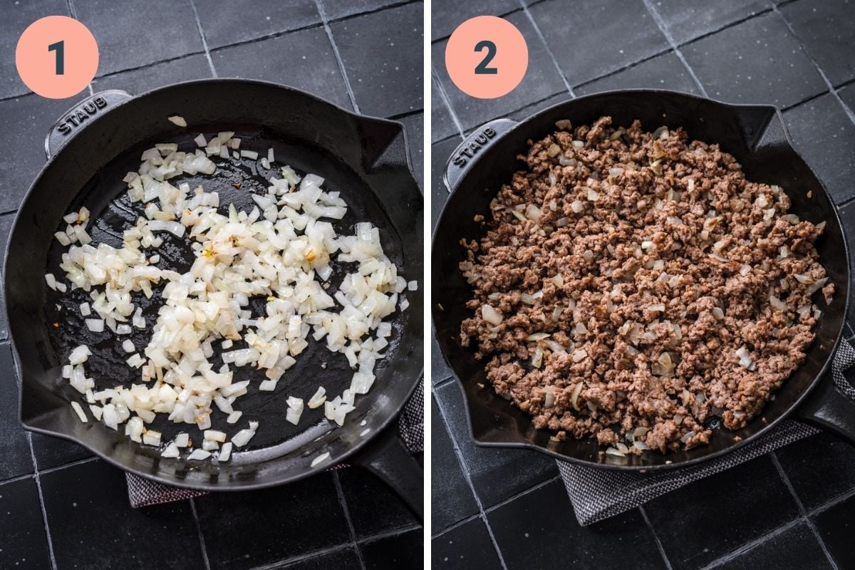 On the left: onions cooking in a pan. On the right: plant-based meat cooking.