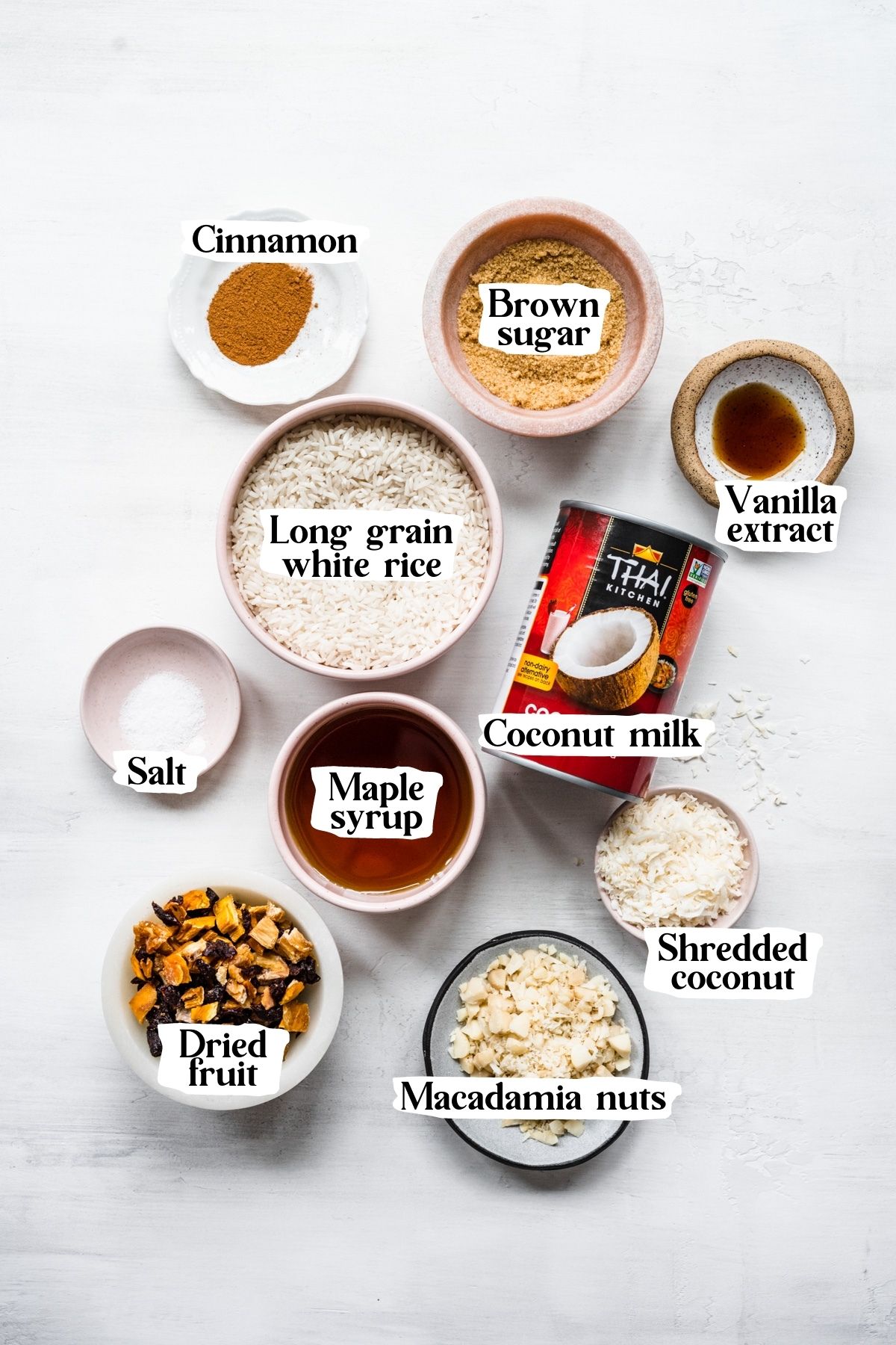 Overhead view of vegan rice pudding ingredients, including white rice and coconut milk.
