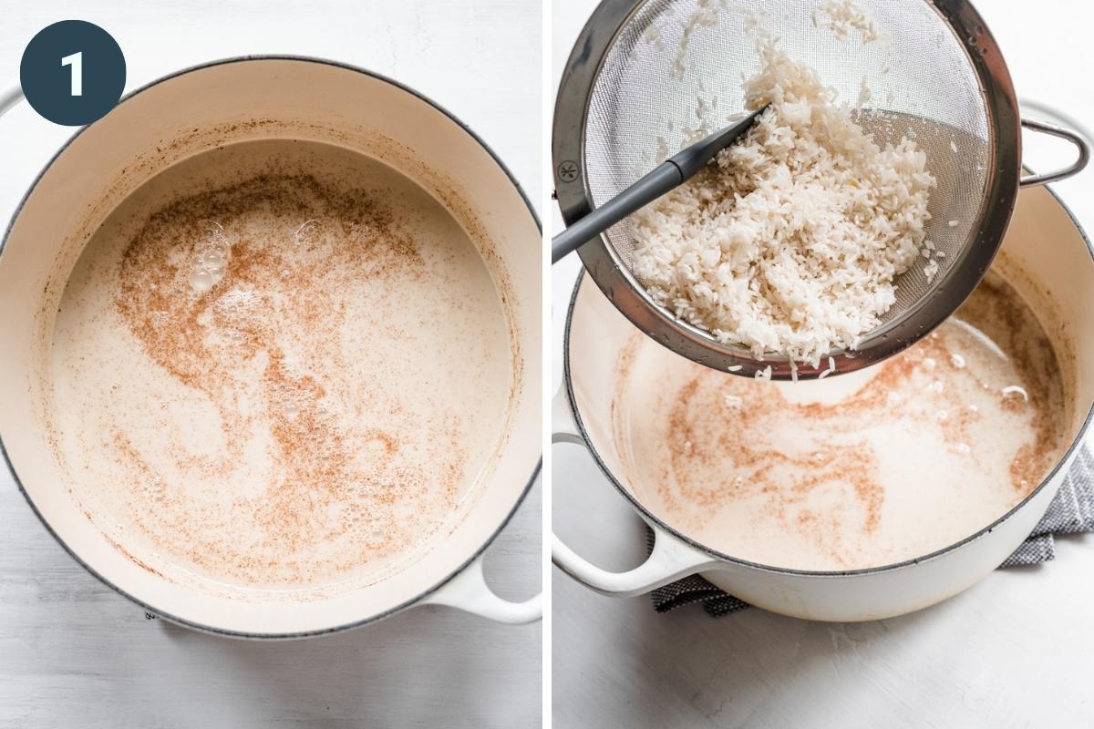 On the left: stirring together rice pudding ingredients. On the right: adding in the rice: