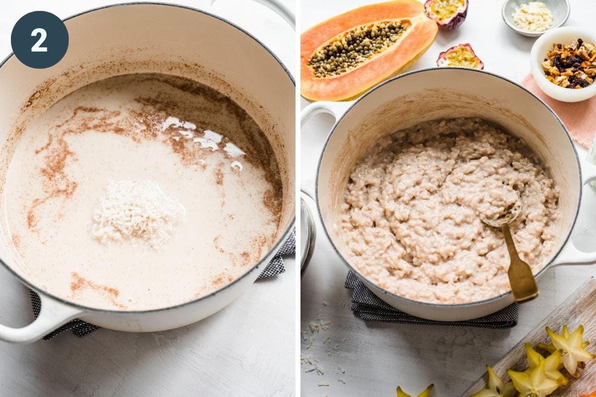 On the left: pot after rice has been added. On the right: rice after finishing cooking.