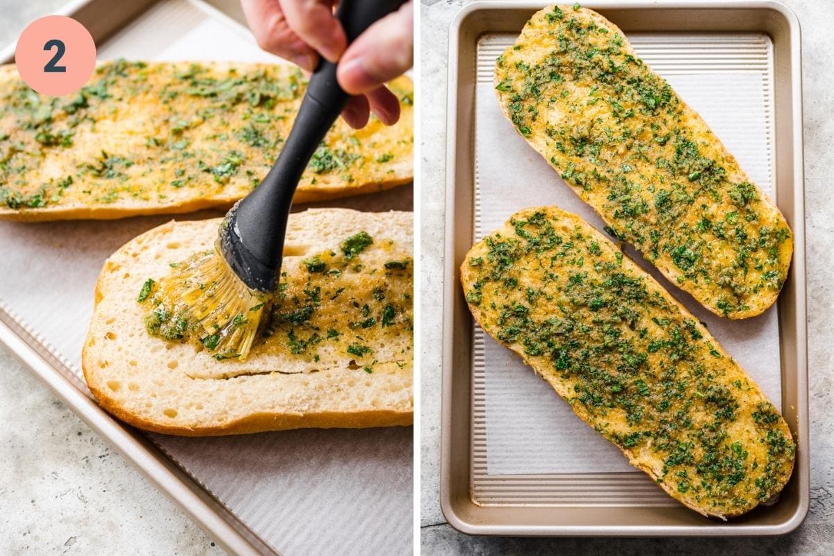 Brush garlic butter onto bread loaf before baking.