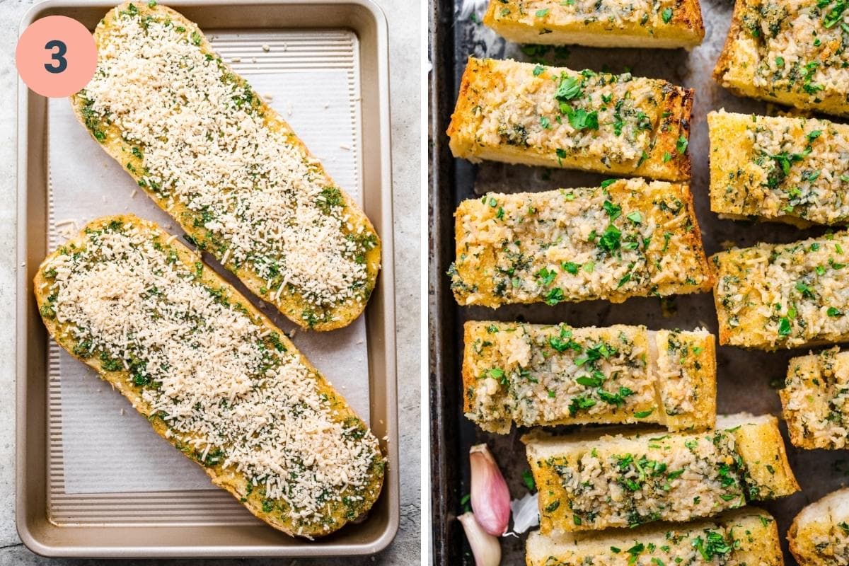 Vegan garlic bread before and after baking.