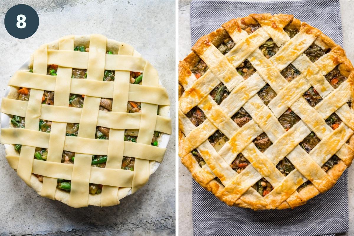 Filling pot pie with vegetables and adding lattice on top.