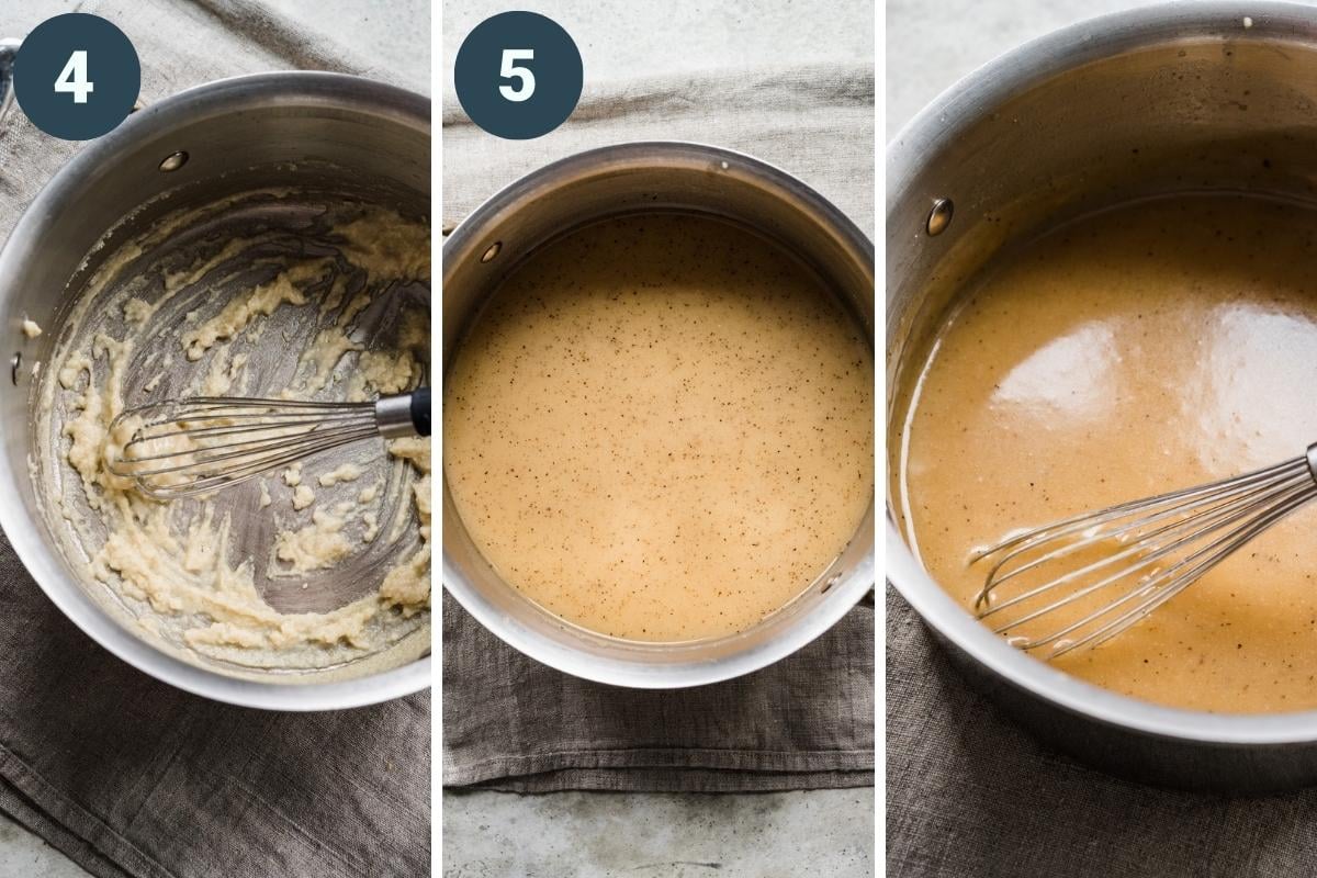 Creating a roux, adding liquid, and stirring it together.